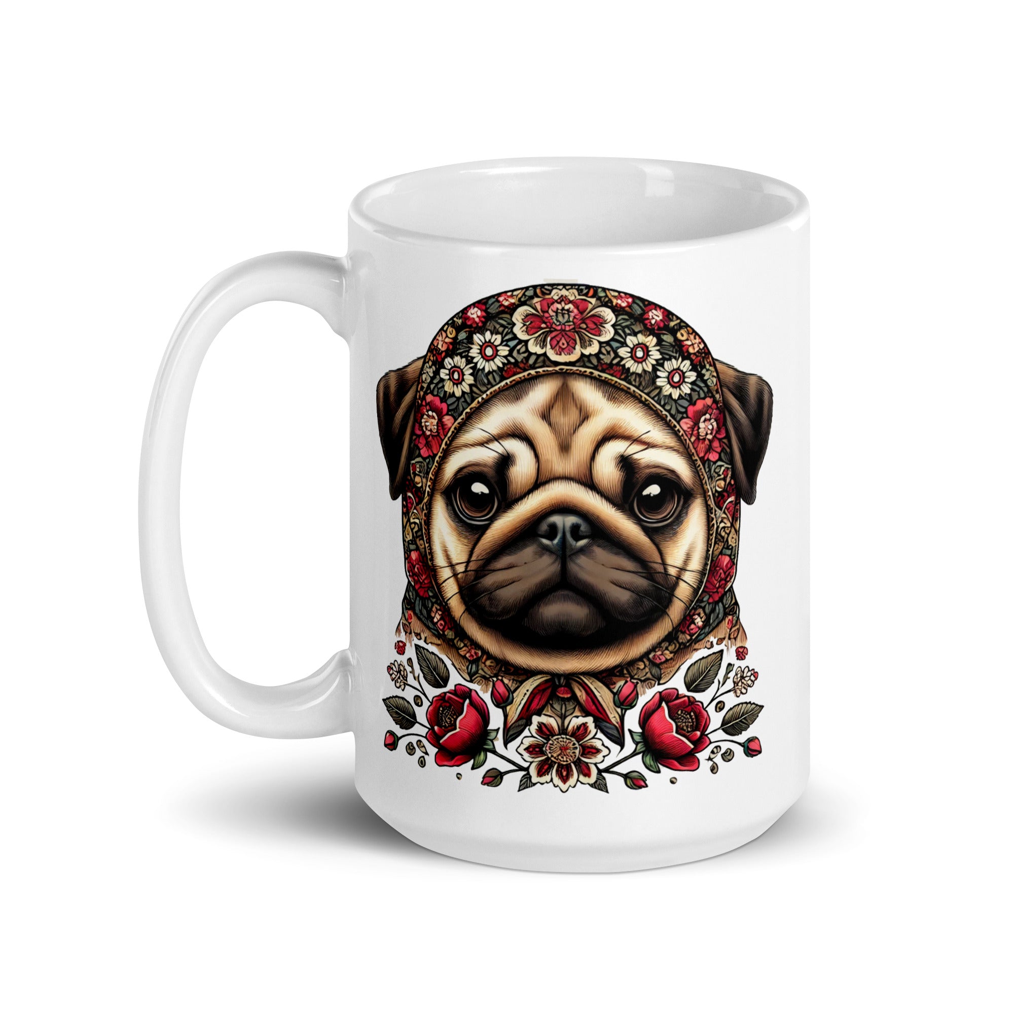 Pug Dog Polish Babushka Floral Wycinanki White Coffee Mug