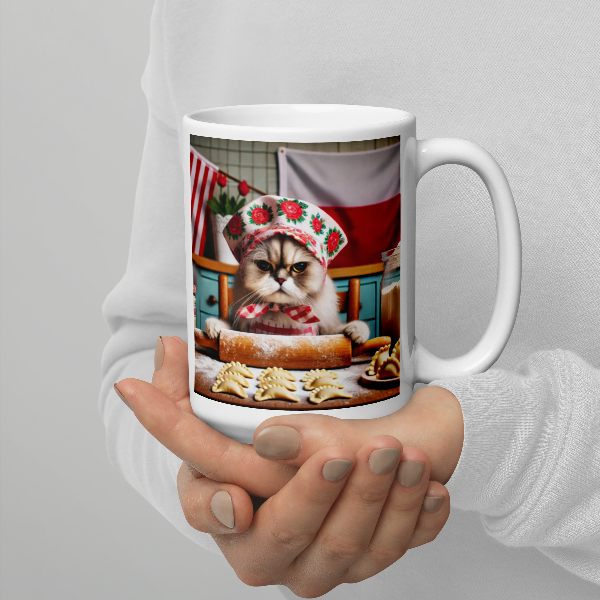 Babushka Cat Making Pierogi Polish Cat White Glossy Mug