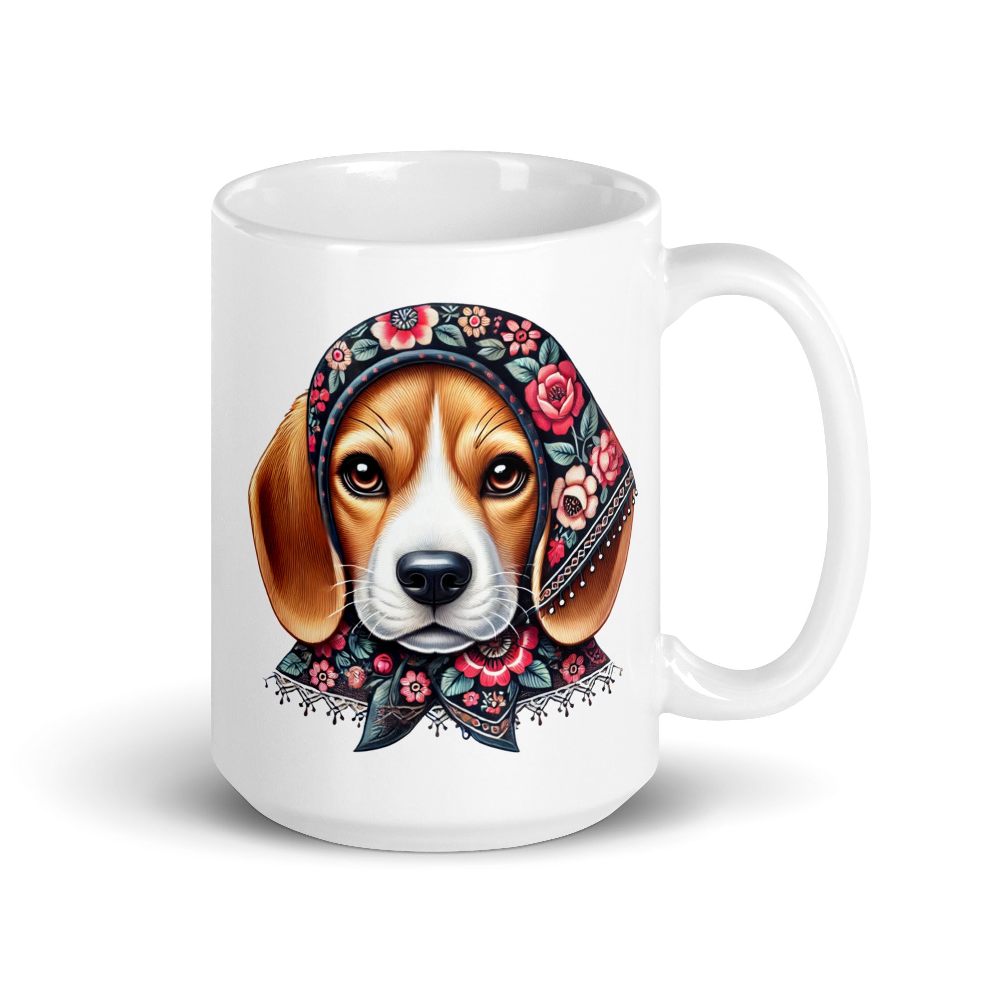 Beagle Dog Wearing Babushka With Floral Wycinanki White Coffee Mug