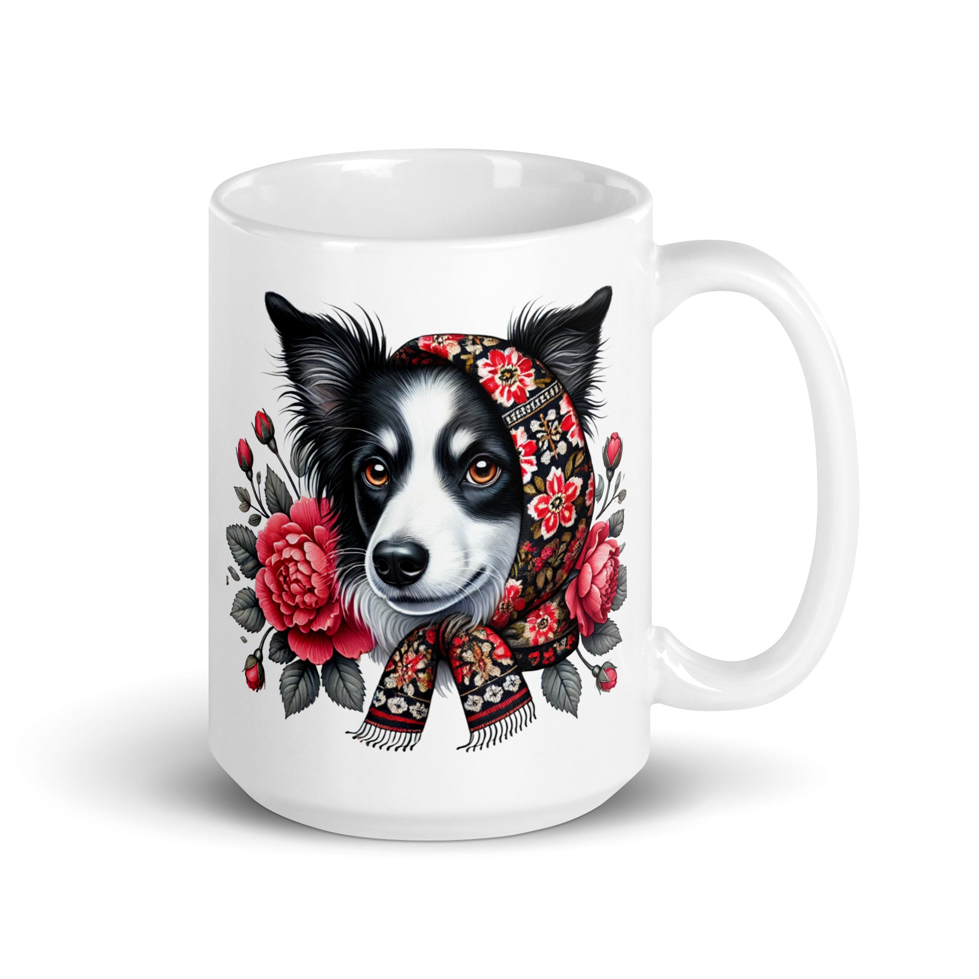 Border Collie Dog Polish Babushka With Floral Wycinanki White Coffee Mug