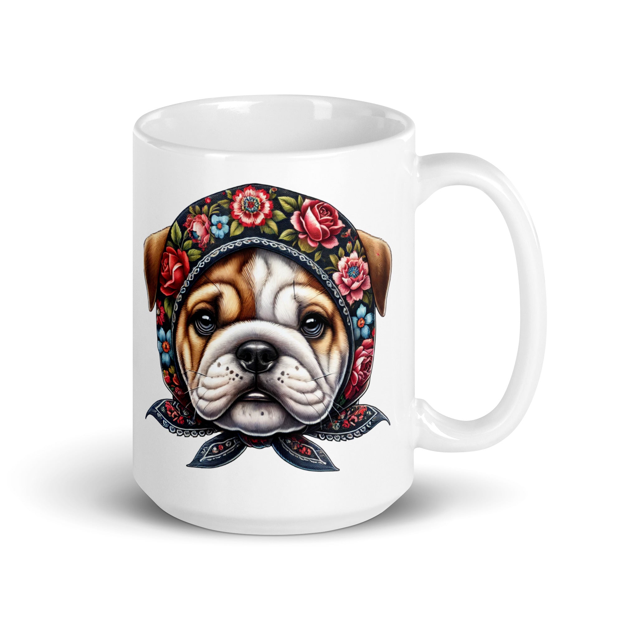 Bulldog Wearing Babushka Foral Wycinanki White Coffee Mug