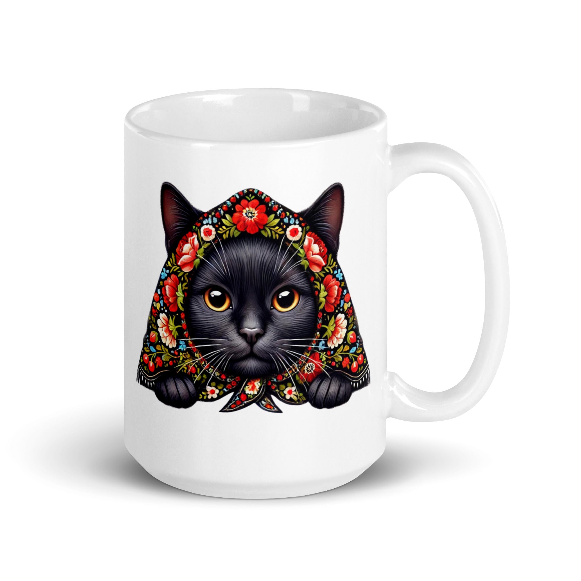 Black Cat with Babushka White Coffee Mug