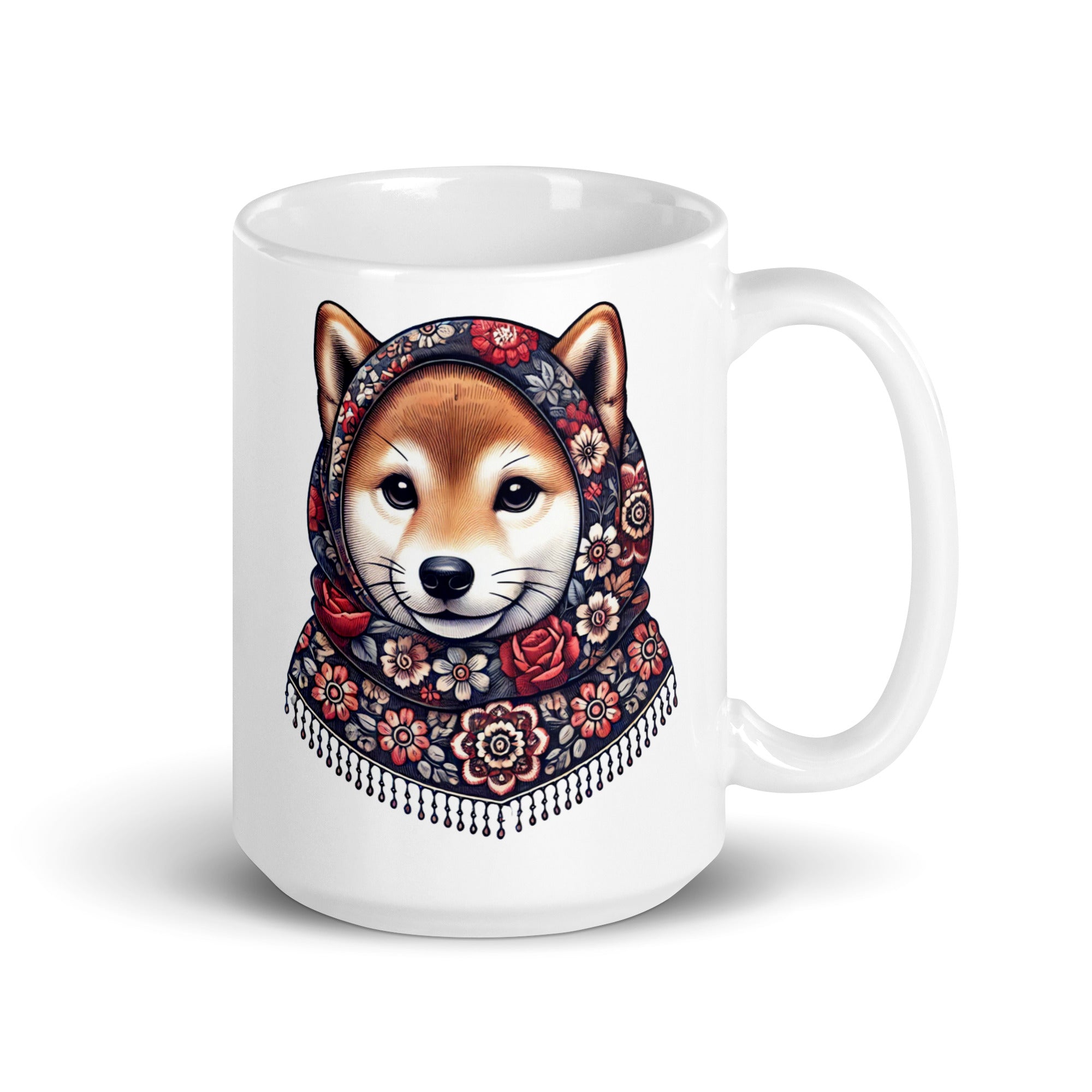 Shiba Inu Wearing Babushka With Floral Pattern White Coffee Mug