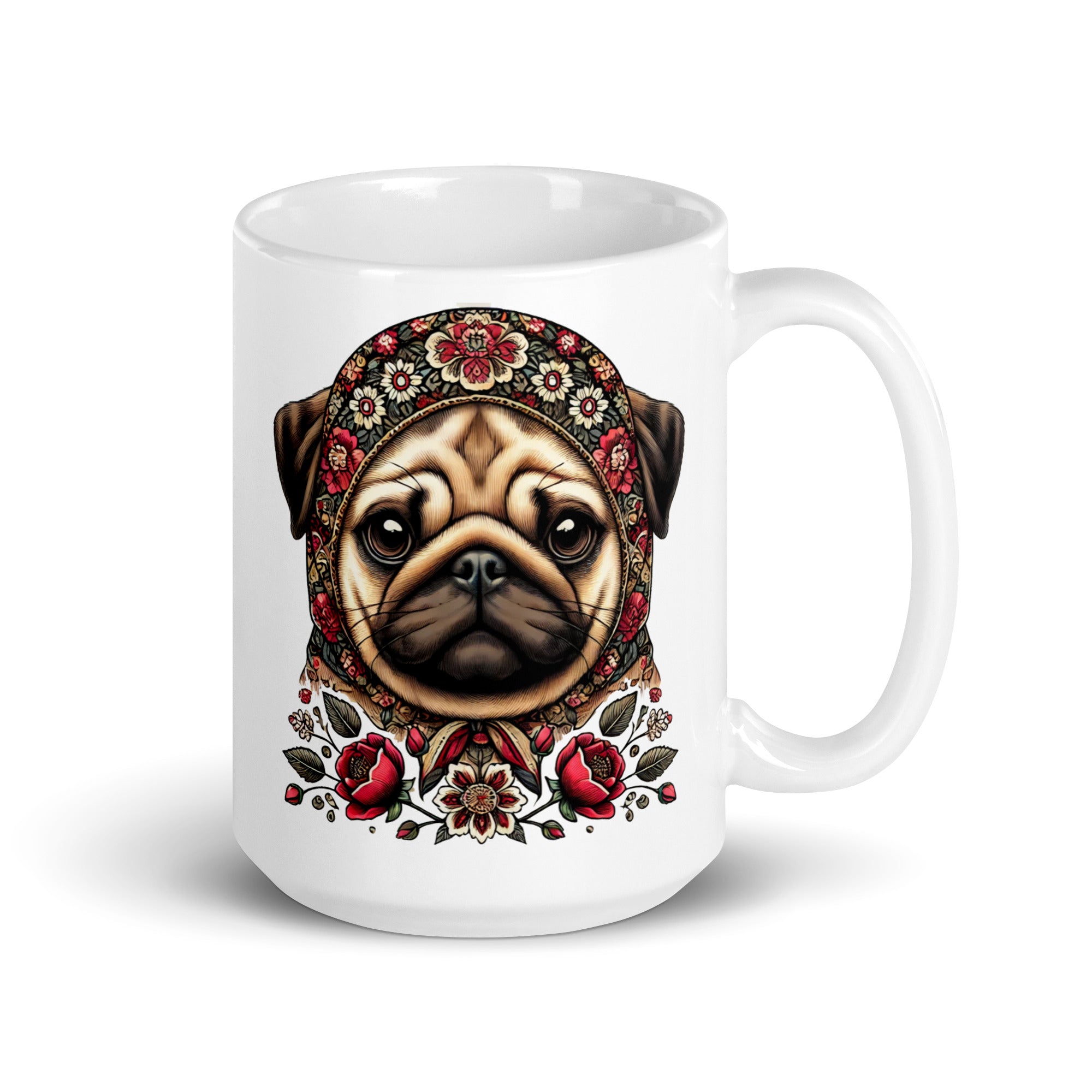 Pug Dog Polish Babushka Floral Wycinanki White Coffee Mug