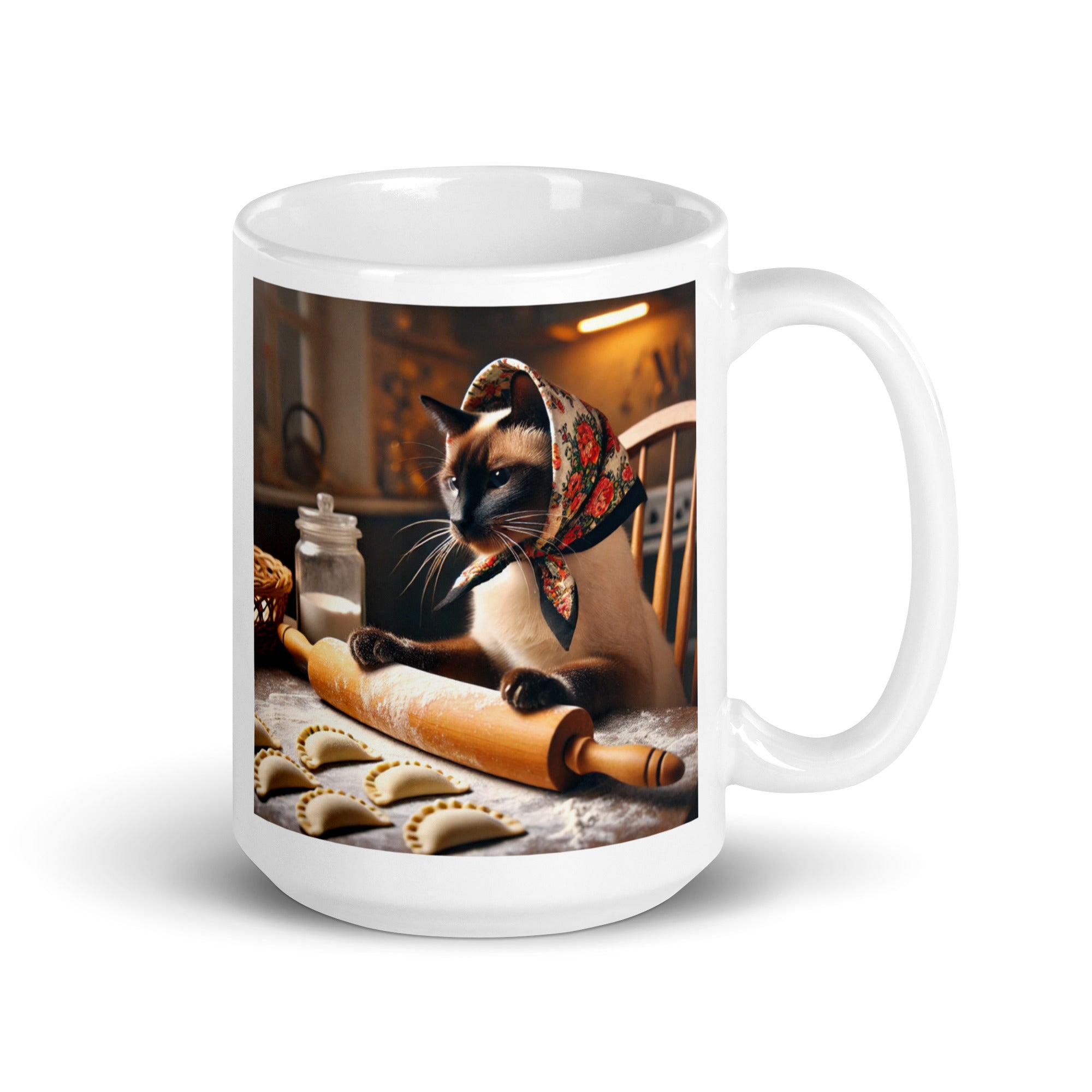 SIamese Cat Wearing Babushka Making Pierogi White Coffee Mug