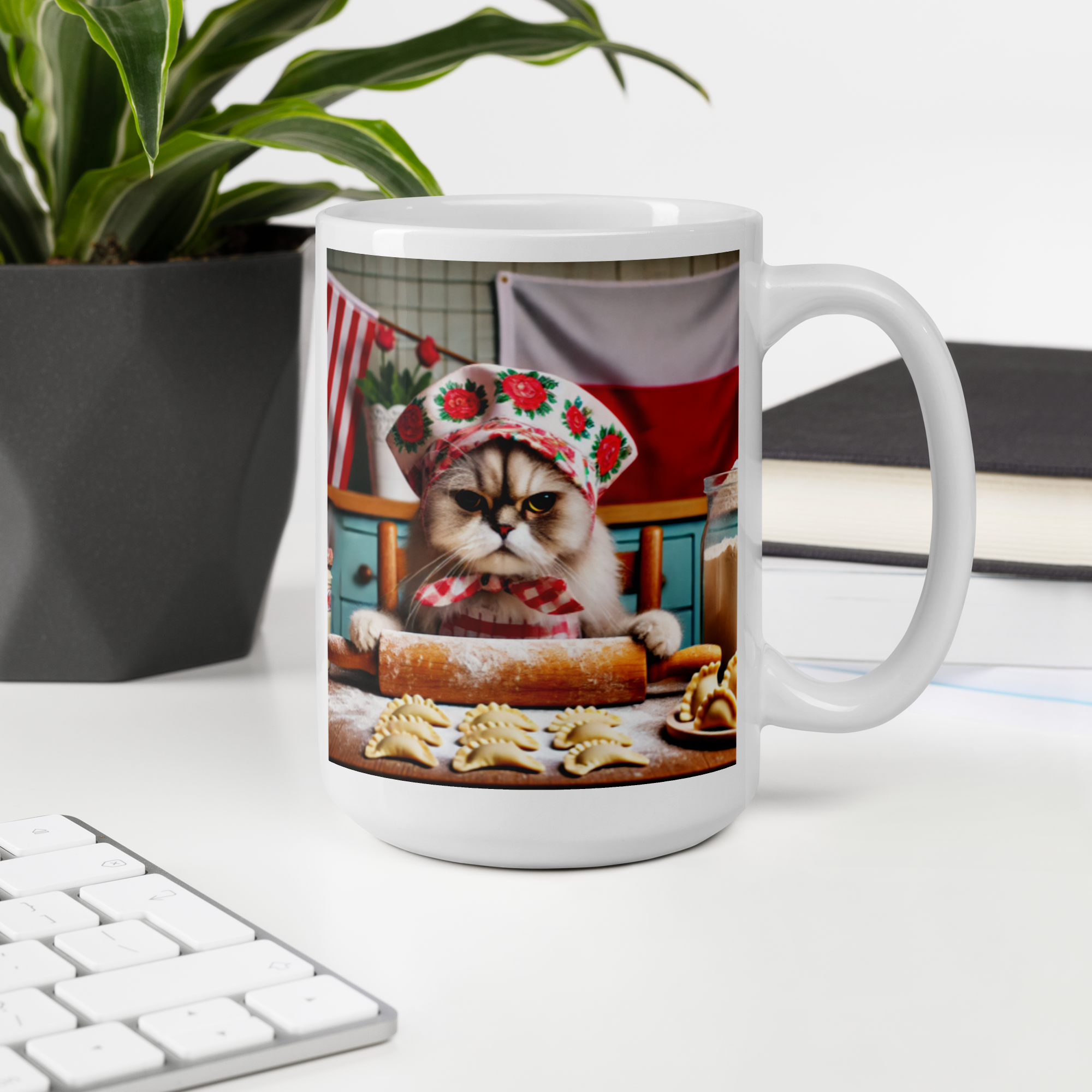 Babushka Cat Making Pierogi Polish Cat White Glossy Mug