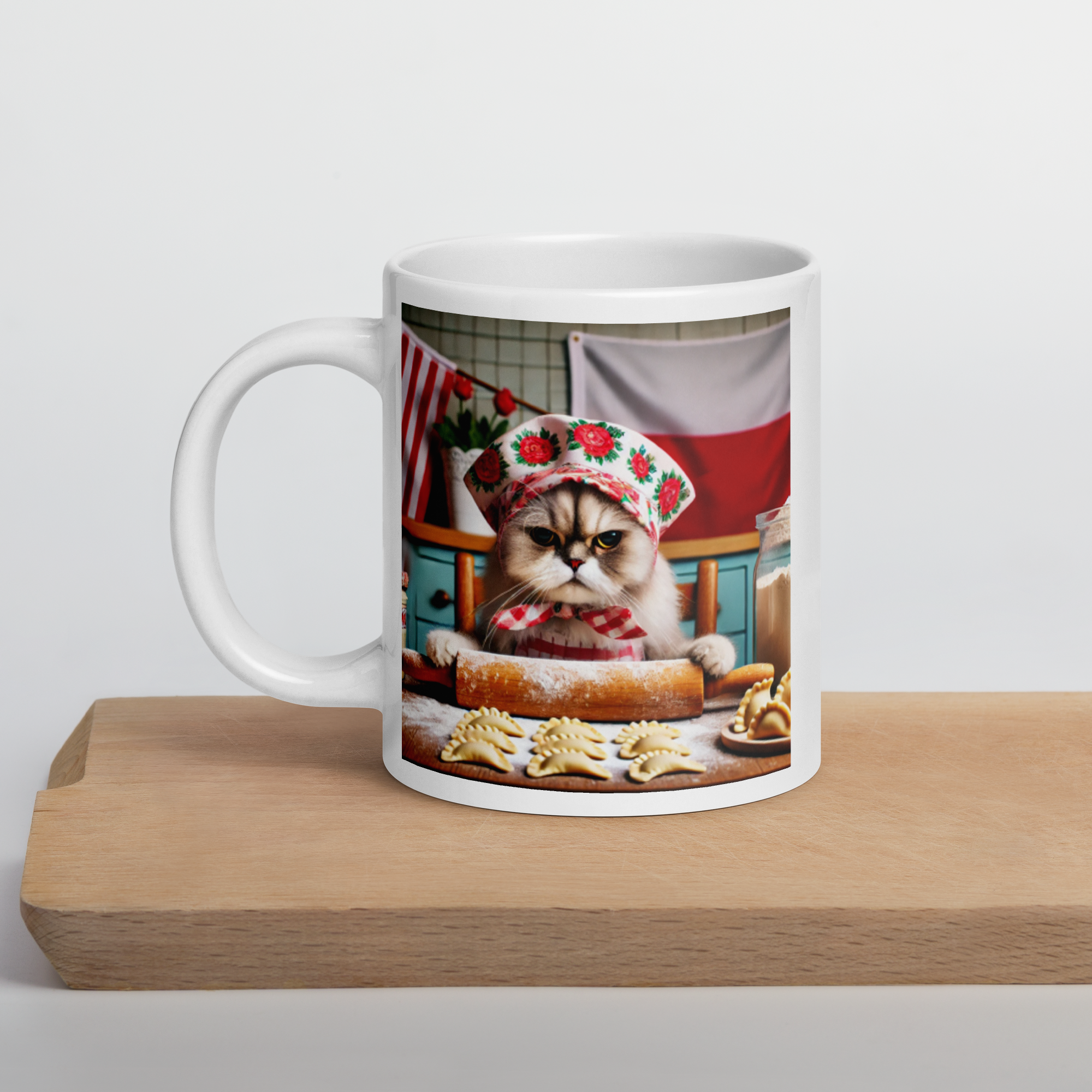 Babushka Cat Making Pierogi Polish Cat White Glossy Mug