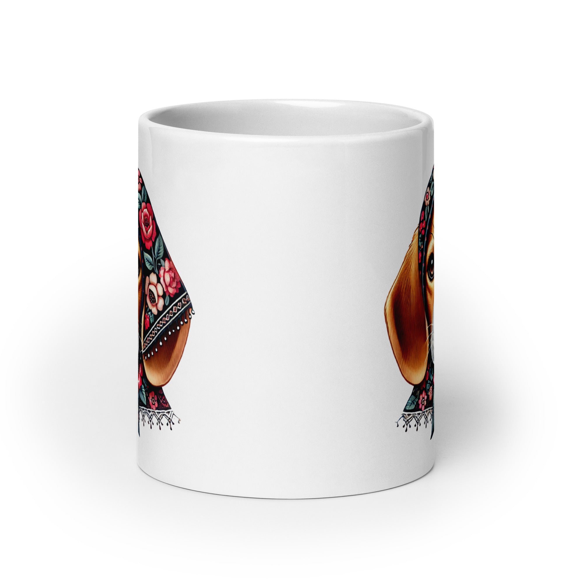 Beagle Dog Wearing Babushka With Floral Wycinanki White Coffee Mug