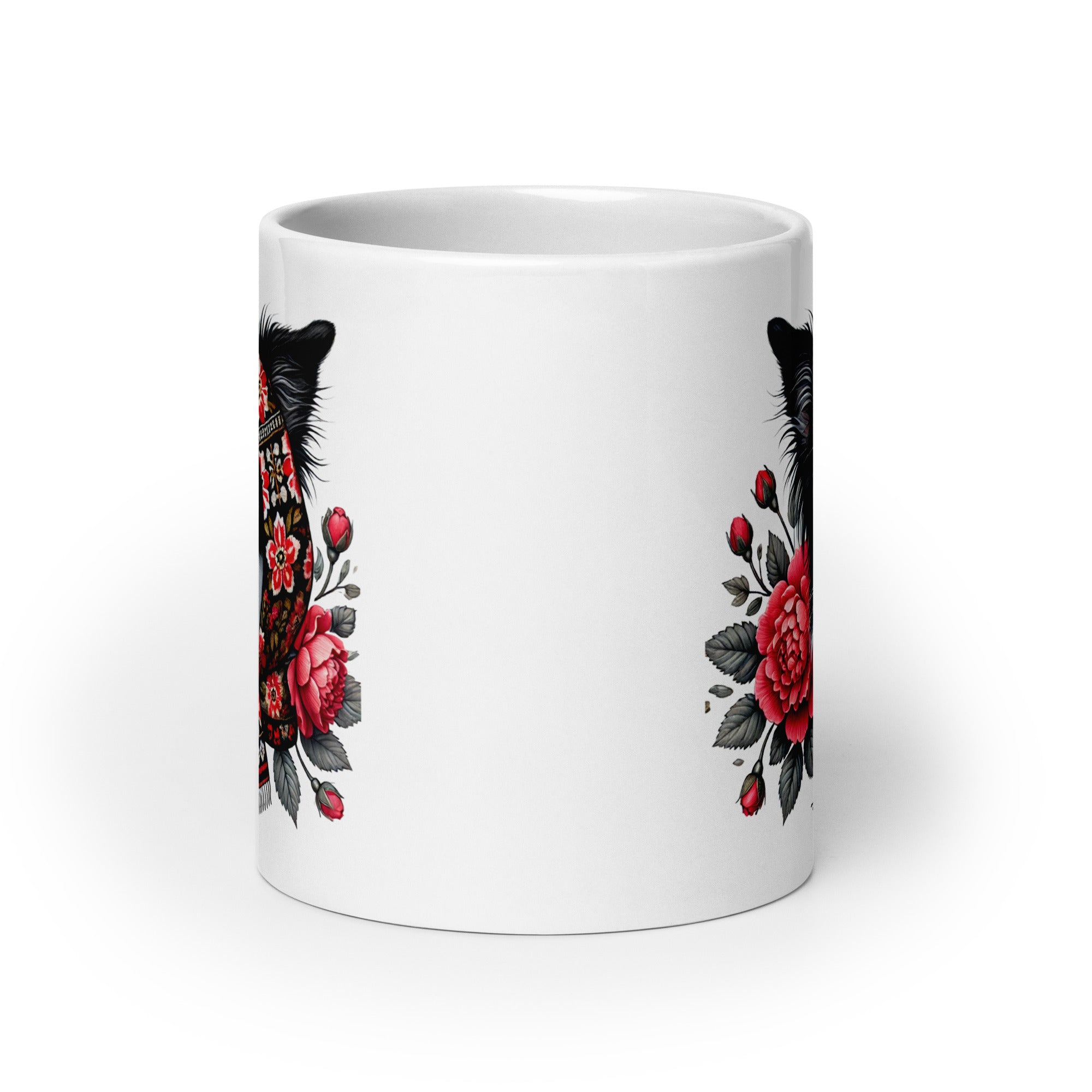 Border Collie Dog Polish Babushka With Floral Wycinanki White Coffee Mug