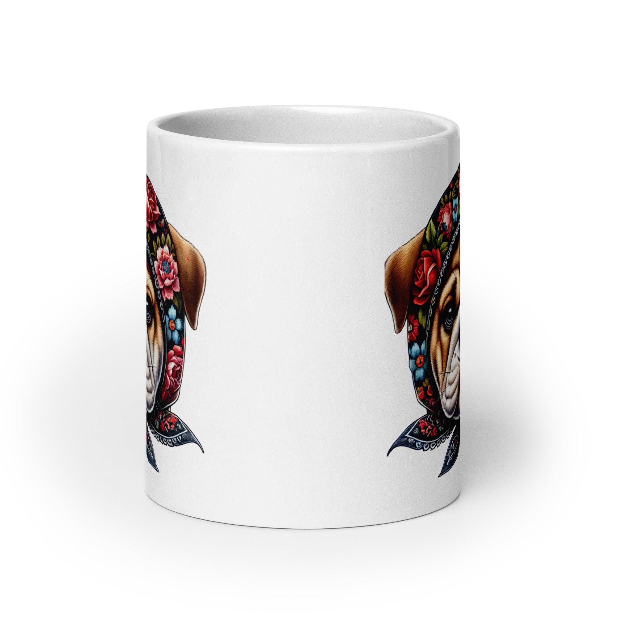 Bulldog Wearing Babushka Foral Wycinanki White Coffee Mug