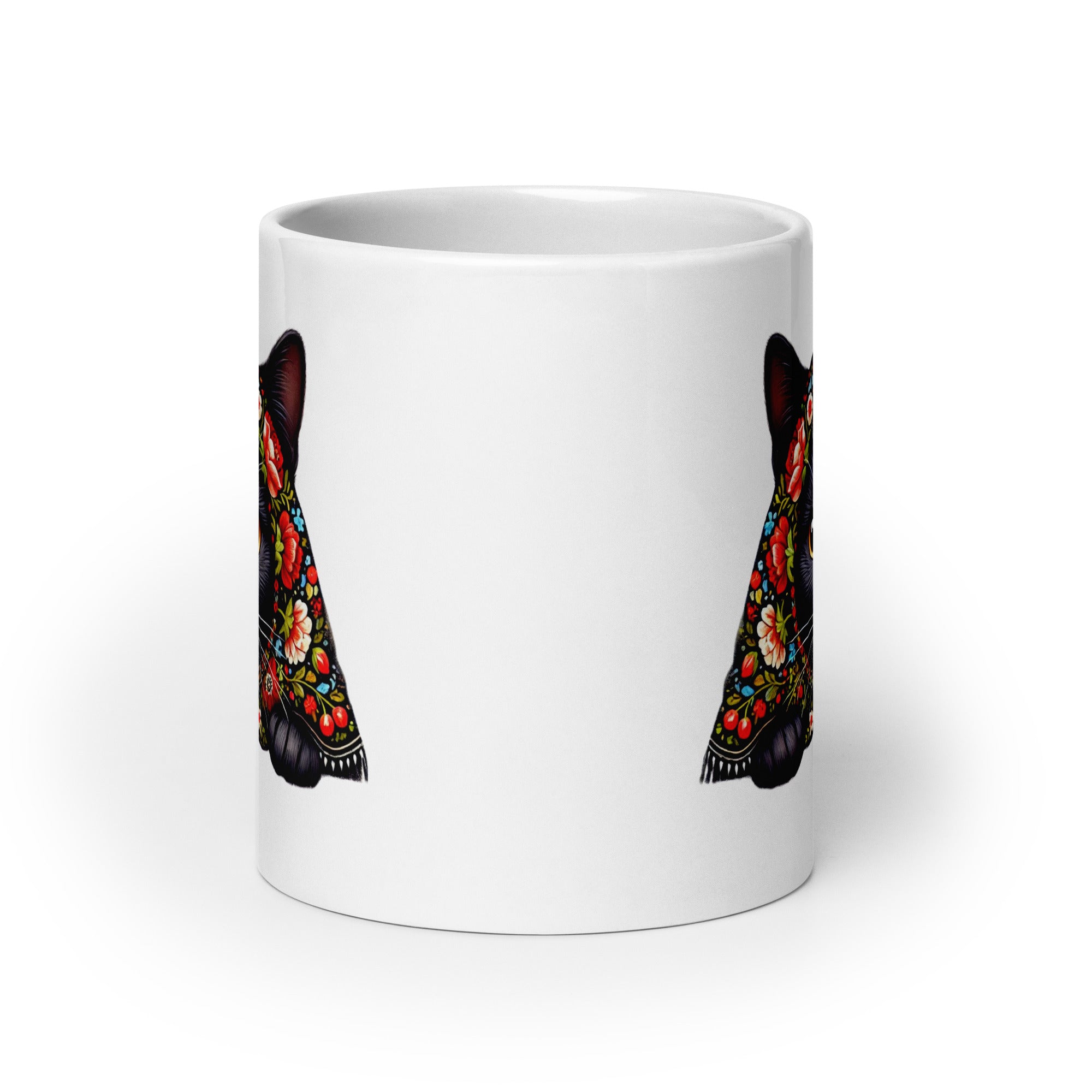 Black Cat with Babushka White Coffee Mug