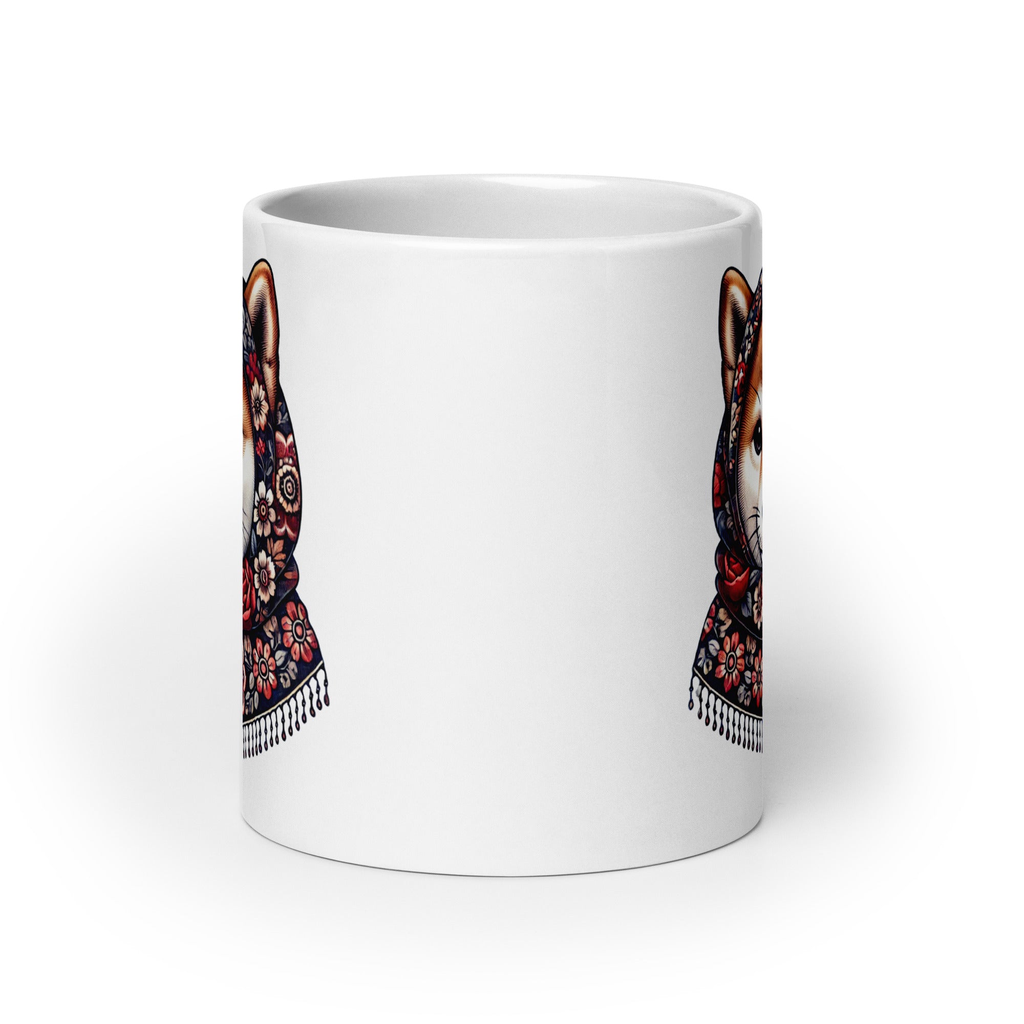 Shiba Inu Wearing Babushka With Floral Pattern White Coffee Mug