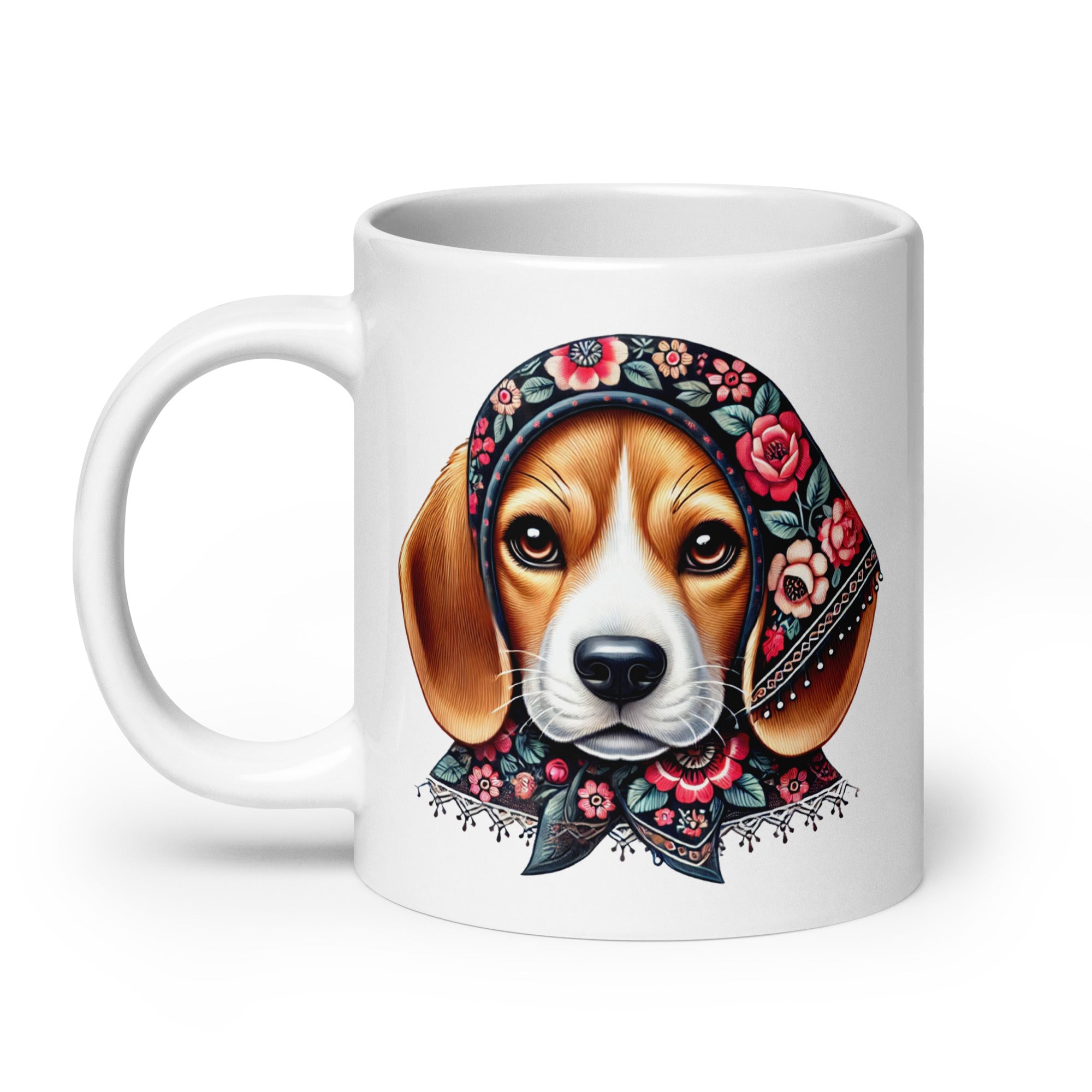 Beagle Dog Wearing Babushka With Floral Wycinanki White Coffee Mug