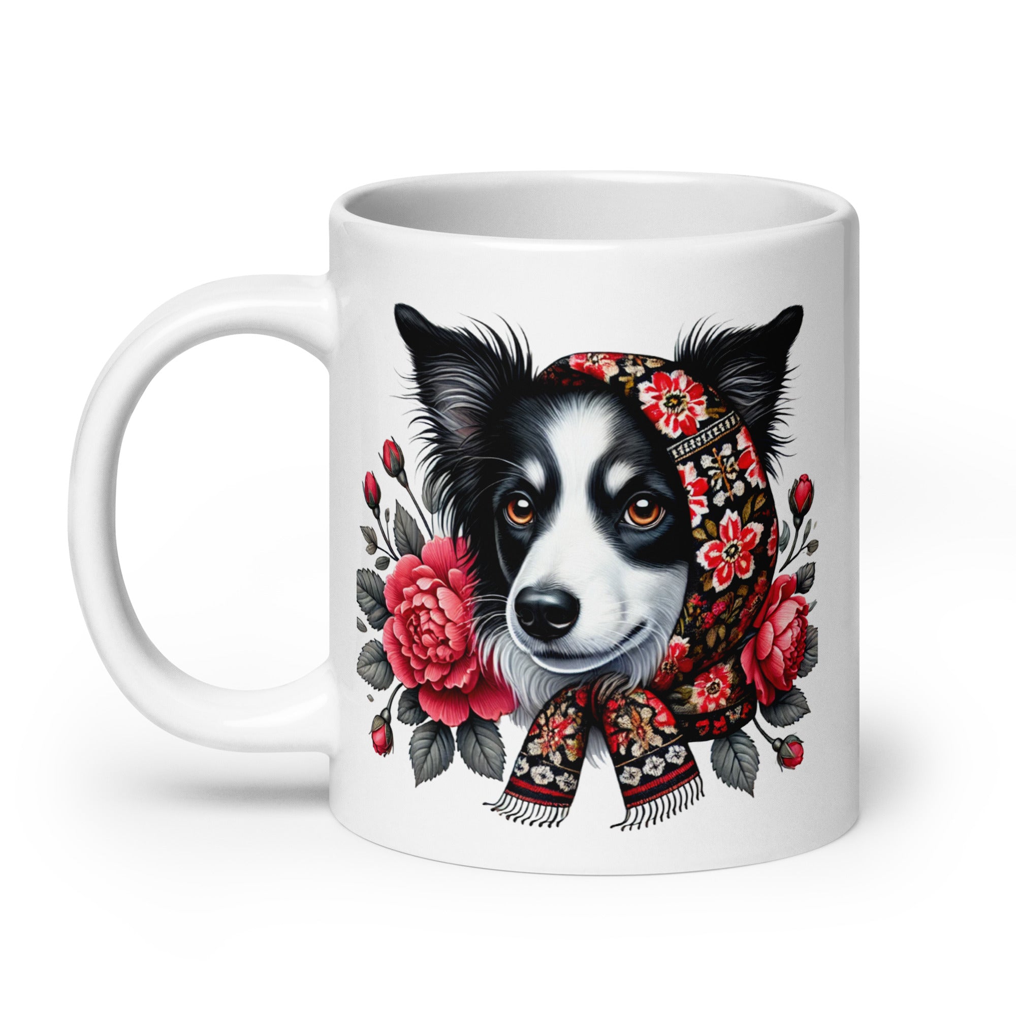 Border Collie Dog Polish Babushka With Floral Wycinanki White Coffee Mug