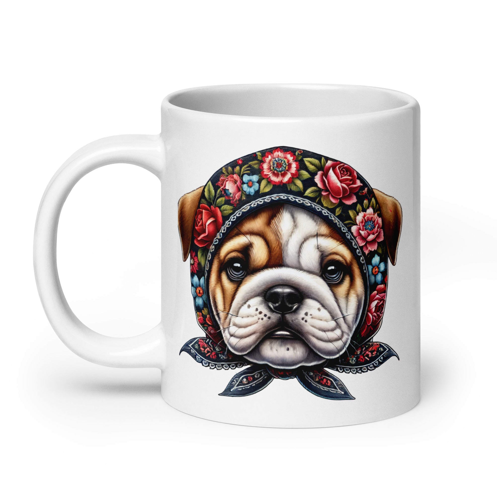 Bulldog Wearing Babushka Foral Wycinanki White Coffee Mug