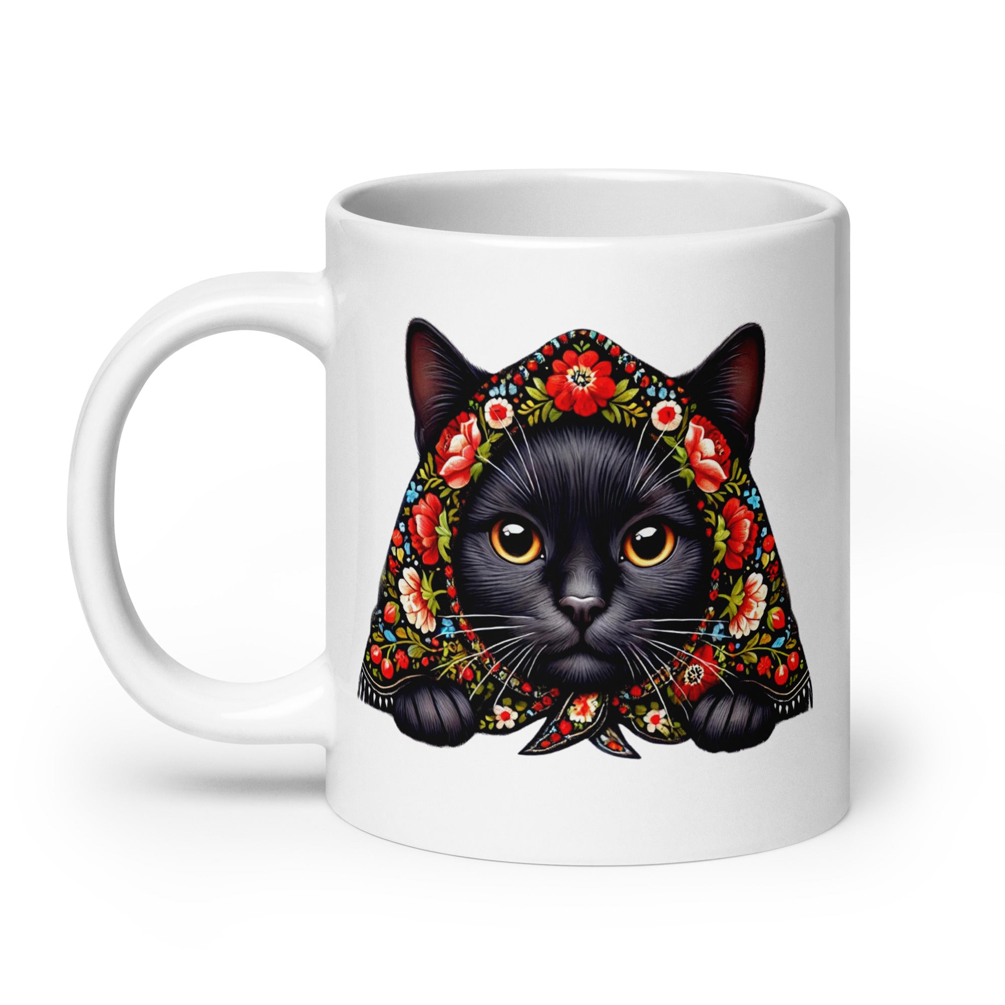 Black Cat with Babushka White Coffee Mug