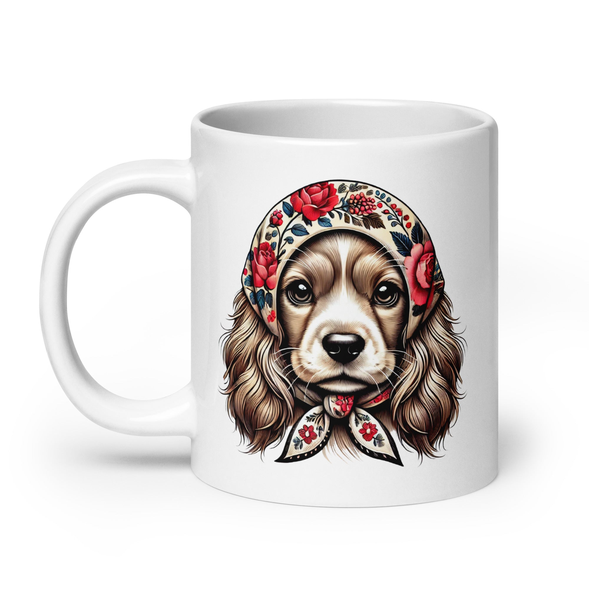 Cocker Spaniel Wearing Babushka White Coffee Mug