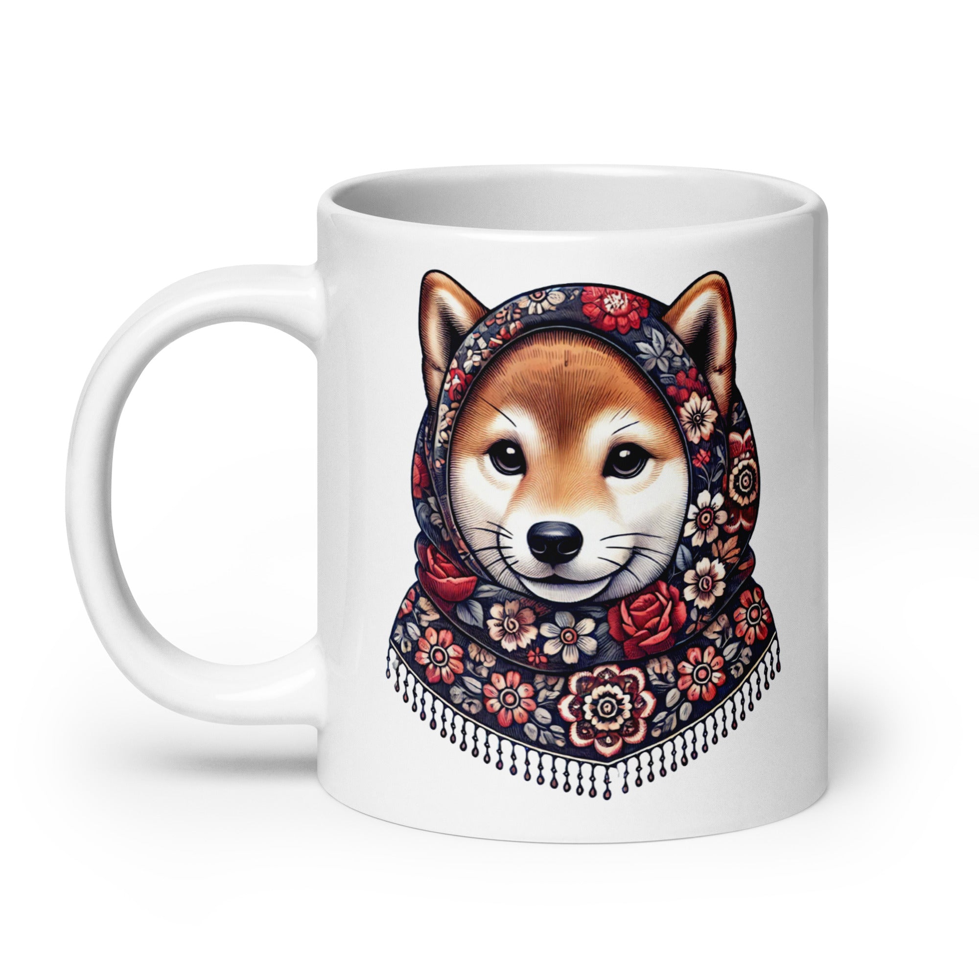 Shiba Inu Wearing Babushka With Floral Pattern White Coffee Mug