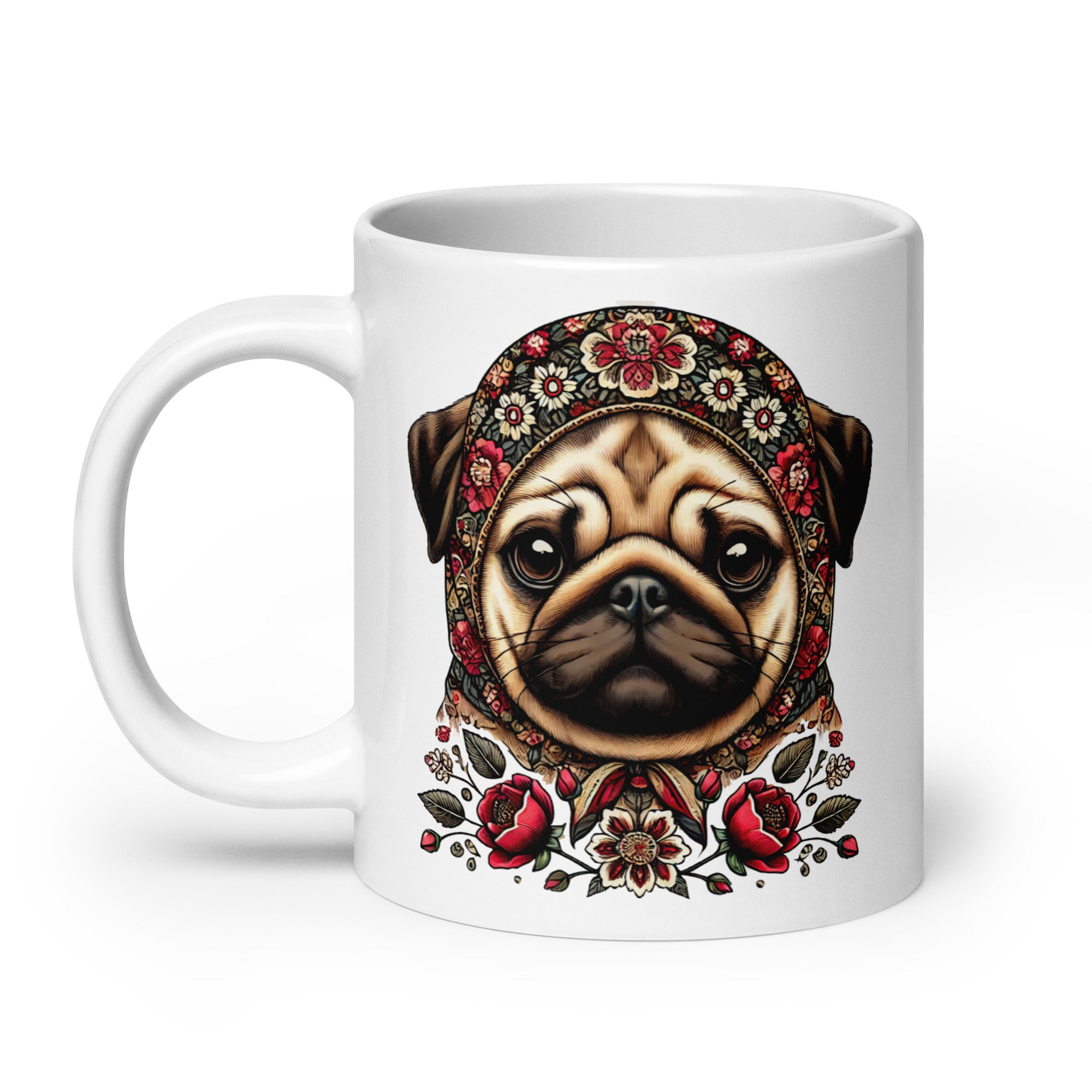 Pug Dog Polish Babushka Floral Wycinanki White Coffee Mug