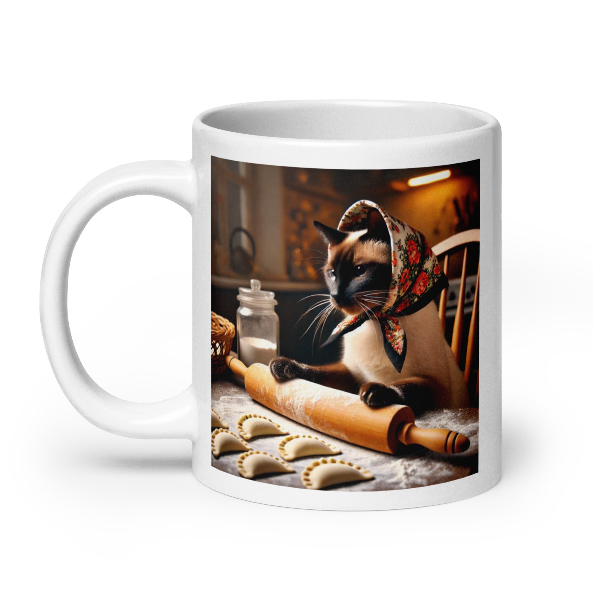 SIamese Cat Wearing Babushka Making Pierogi White Coffee Mug