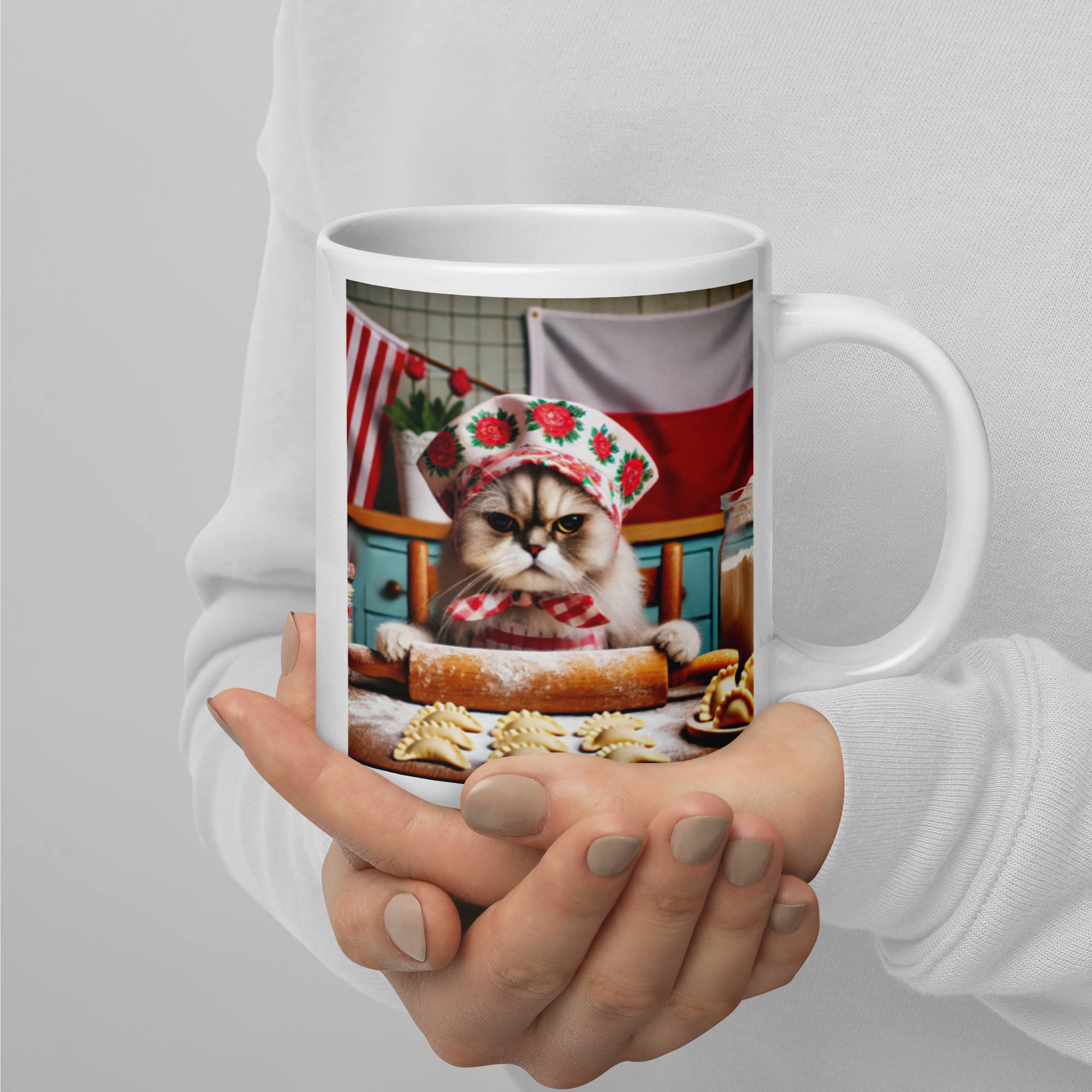 Babushka Cat Making Pierogi Polish Cat White Glossy Mug