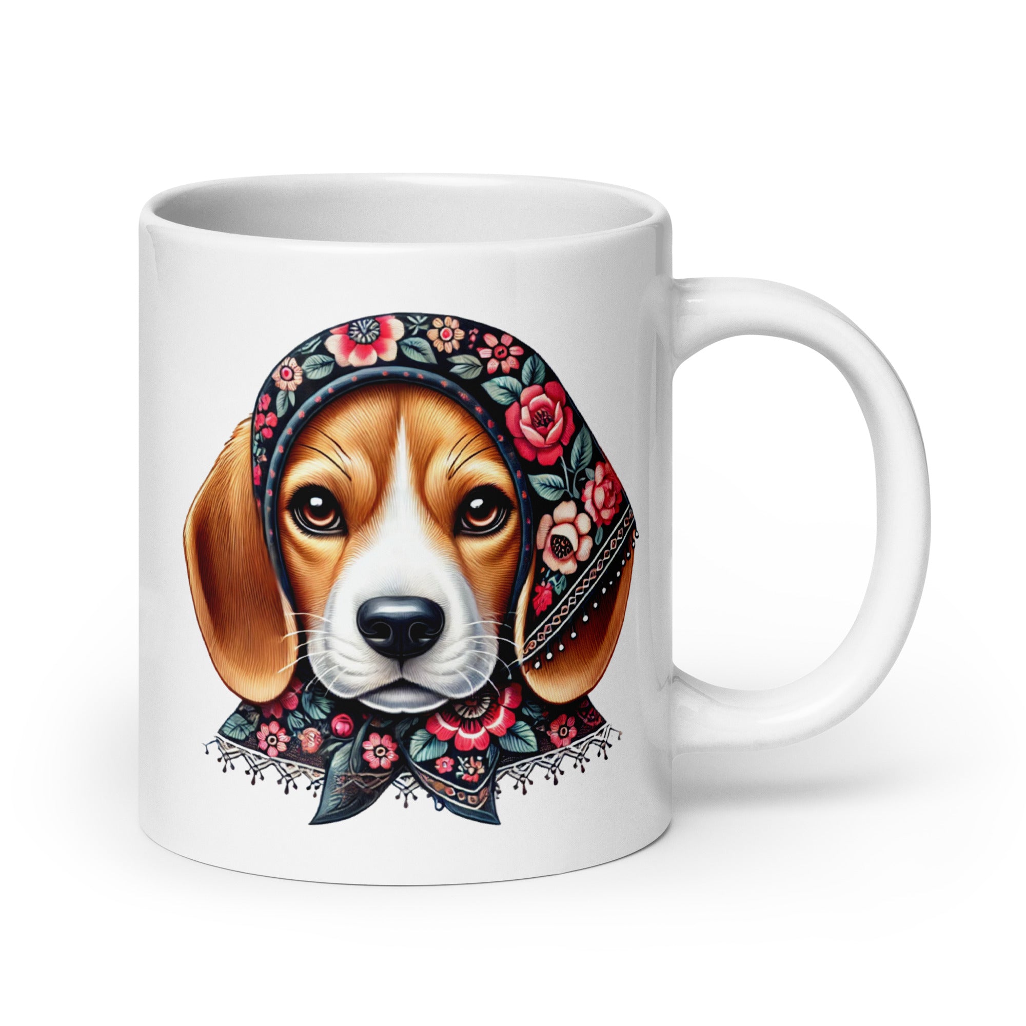 Beagle Dog Wearing Babushka With Floral Wycinanki White Coffee Mug