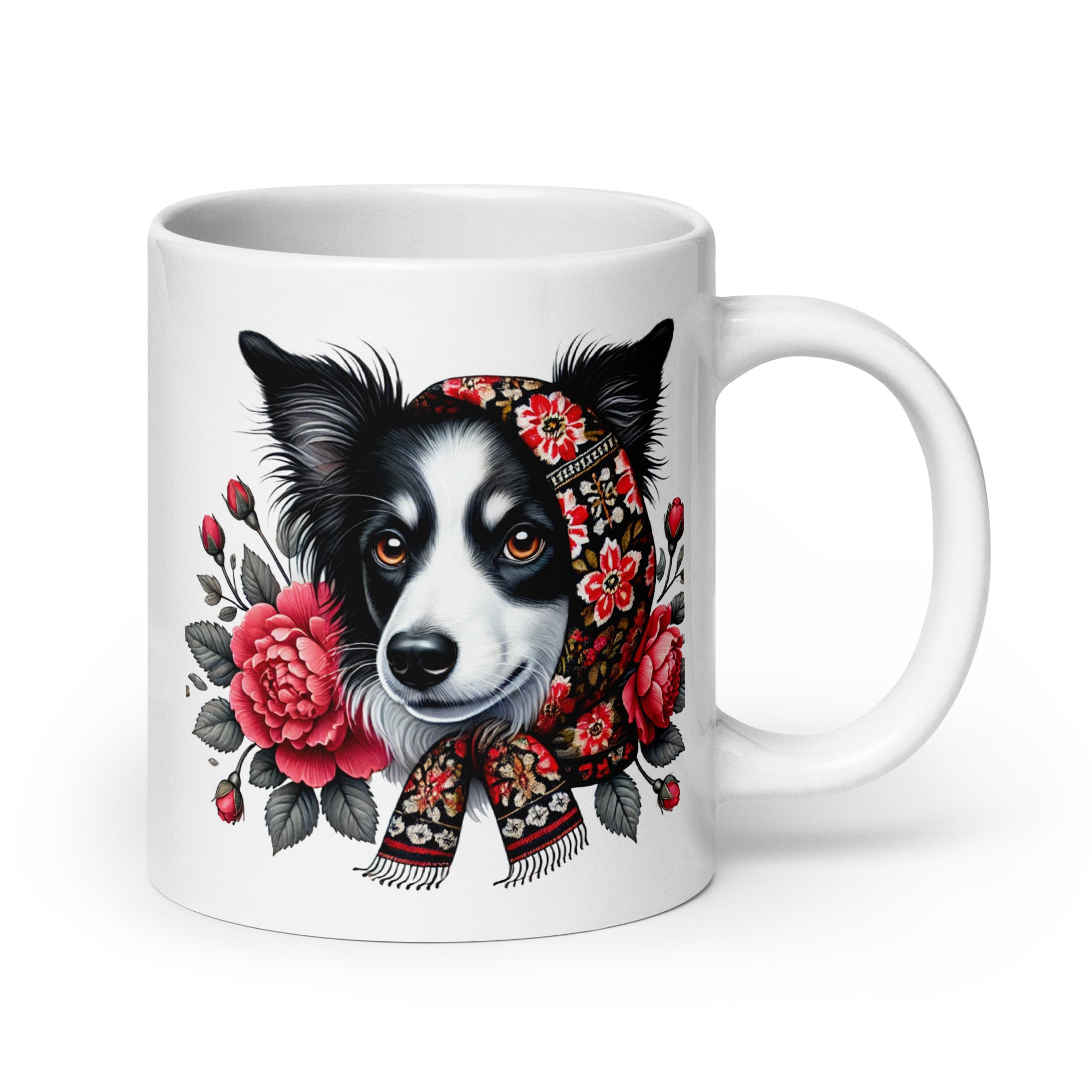 Border Collie Dog Polish Babushka With Floral Wycinanki White Coffee Mug