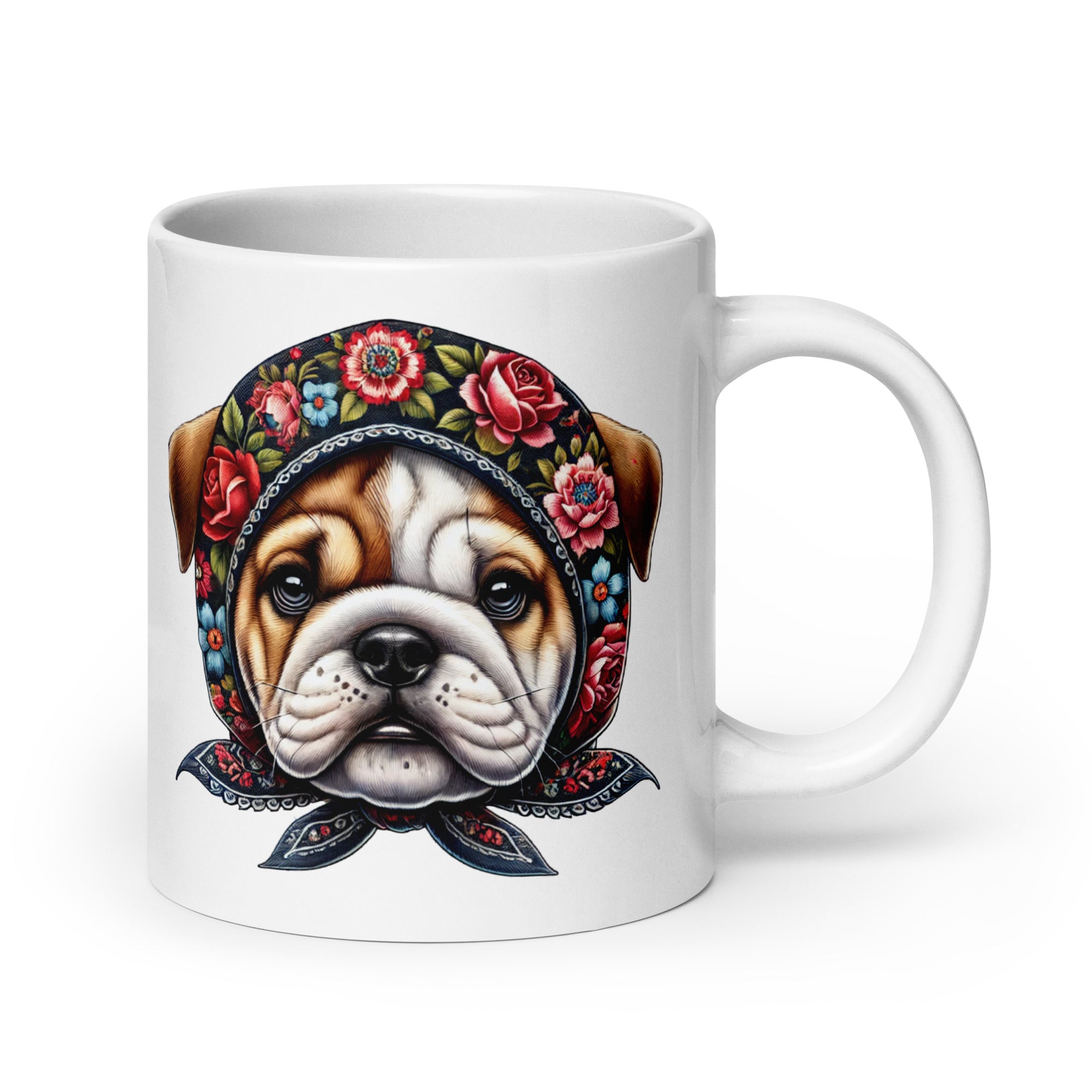 Bulldog Wearing Babushka Foral Wycinanki White Coffee Mug