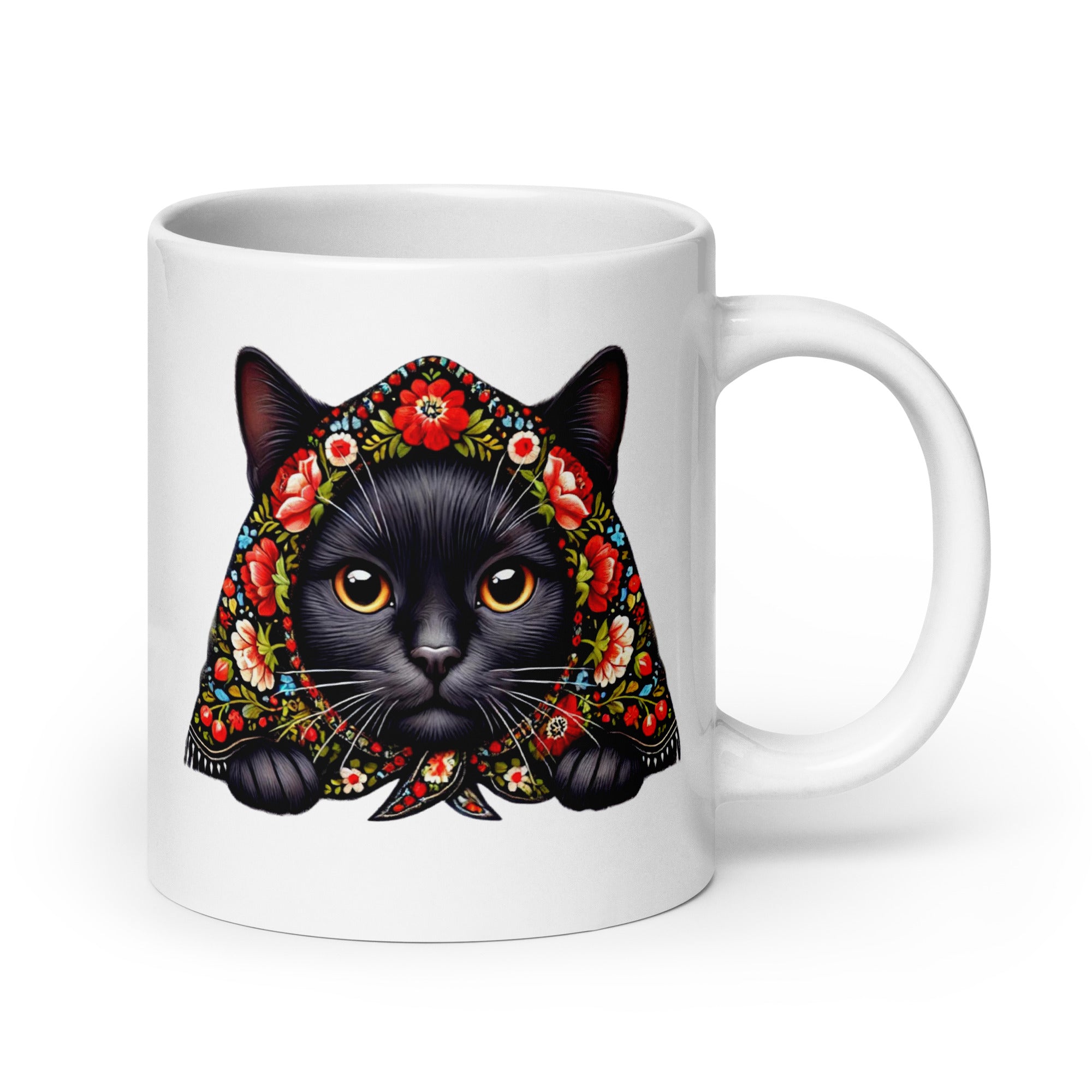 Black Cat with Babushka White Coffee Mug