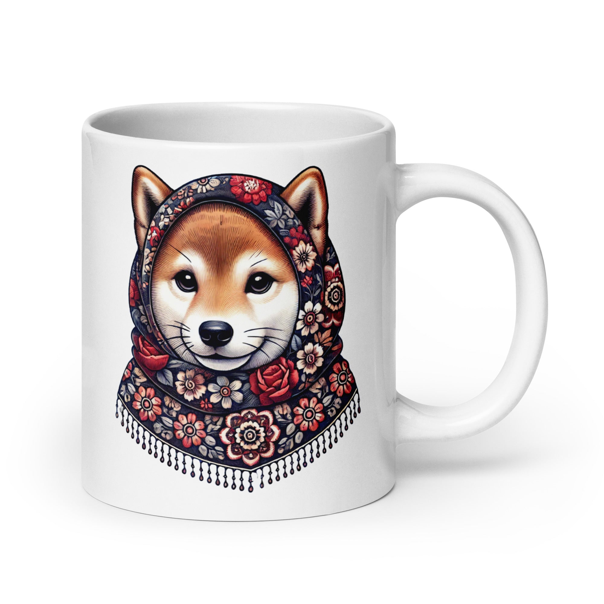 Shiba Inu Wearing Babushka With Floral Pattern White Coffee Mug