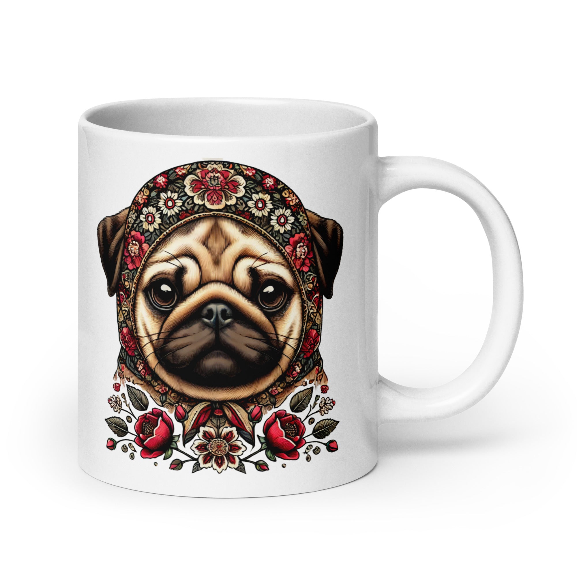 Pug Dog Polish Babushka Floral Wycinanki White Coffee Mug