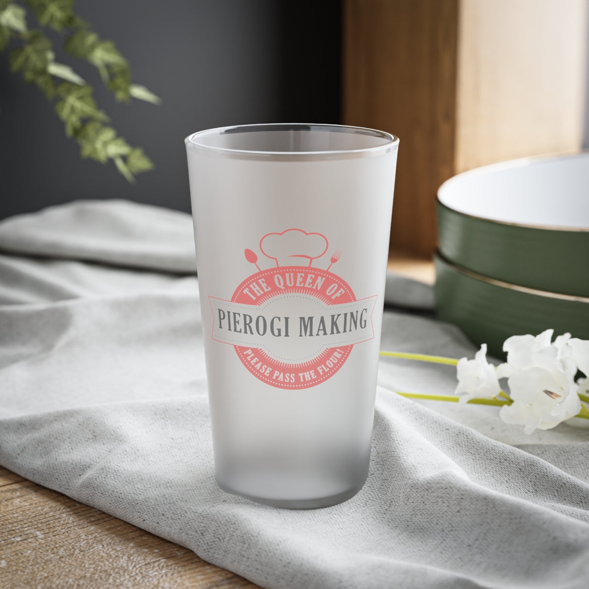 Queen Of Pierogi Making Frosted Pint Glass, 16oz Mug Printify 16oz Frosted 