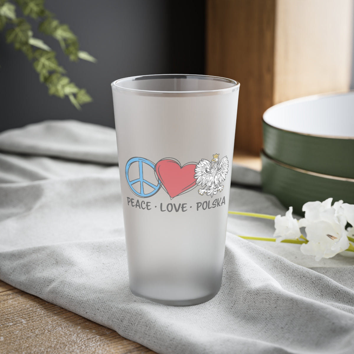 Peace Love Polska Frosted Pint Glass, 16oz Mug Printify 16oz Frosted 