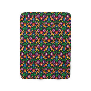 Black Floral Wycinanki Pattern Sherpa Fleece Blanket - 50" × 60" - Polish Shirt Store