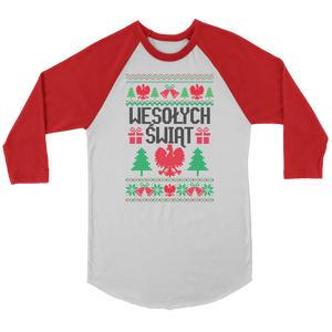 Wesolych Swiat Merry Christmas in Polish Raglan - Canvas Unisex 3/4 Raglan / White/Red / S - Polish Shirt Store
