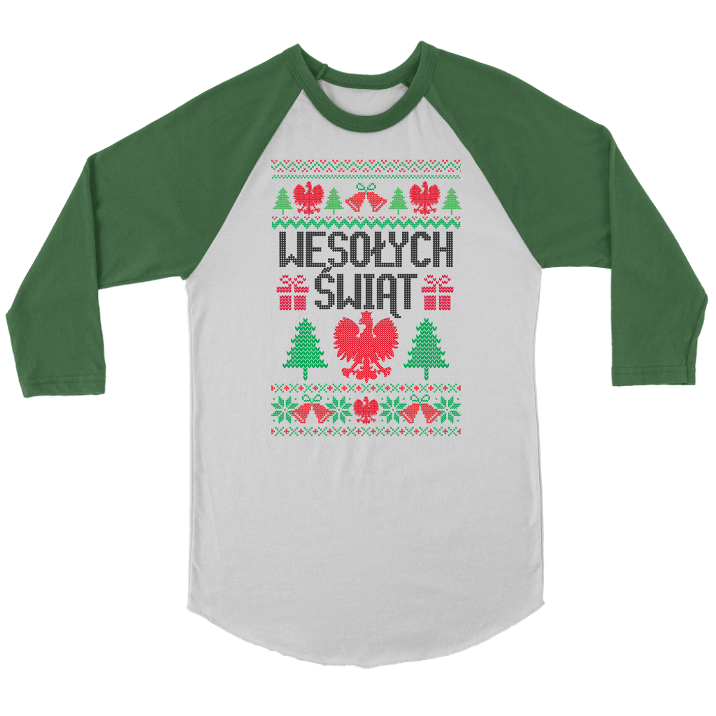 Wesolych Swiat Merry Christmas in Polish Raglan T-shirt teelaunch Canvas Unisex 3/4 Raglan White/Evergreen S