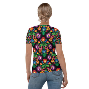 Dark Floral Wycinanki All Over Print Women's T-shirt -  - Polish Shirt Store