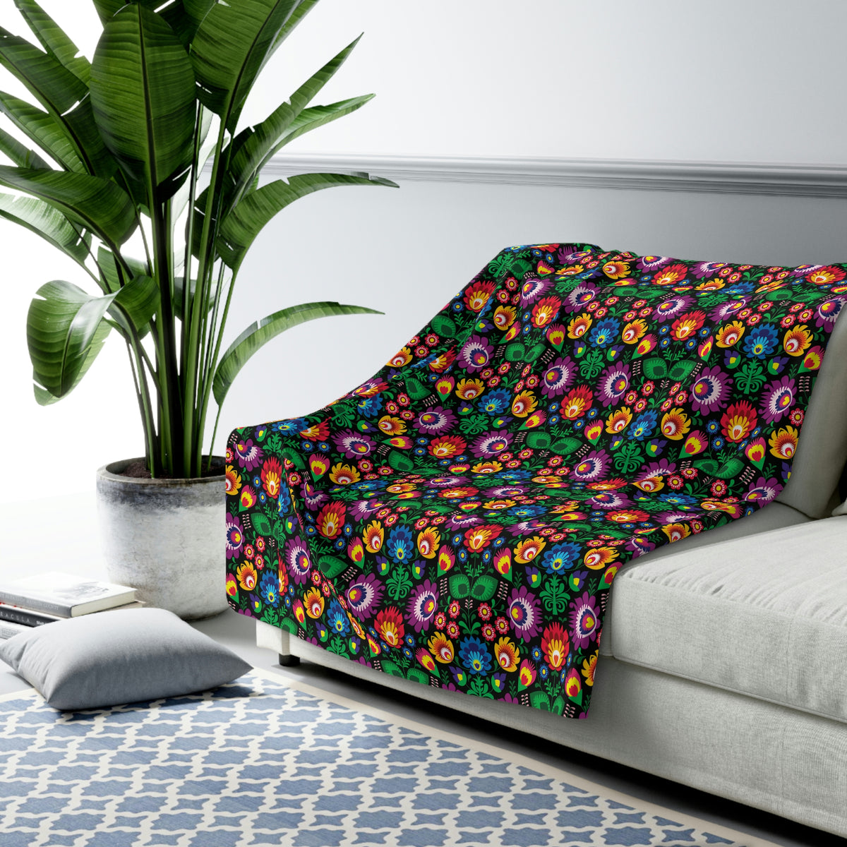 Black Floral Wycinanki Pattern Sherpa Fleece Blanket Home Decor Printify 60&quot; × 80&quot;  