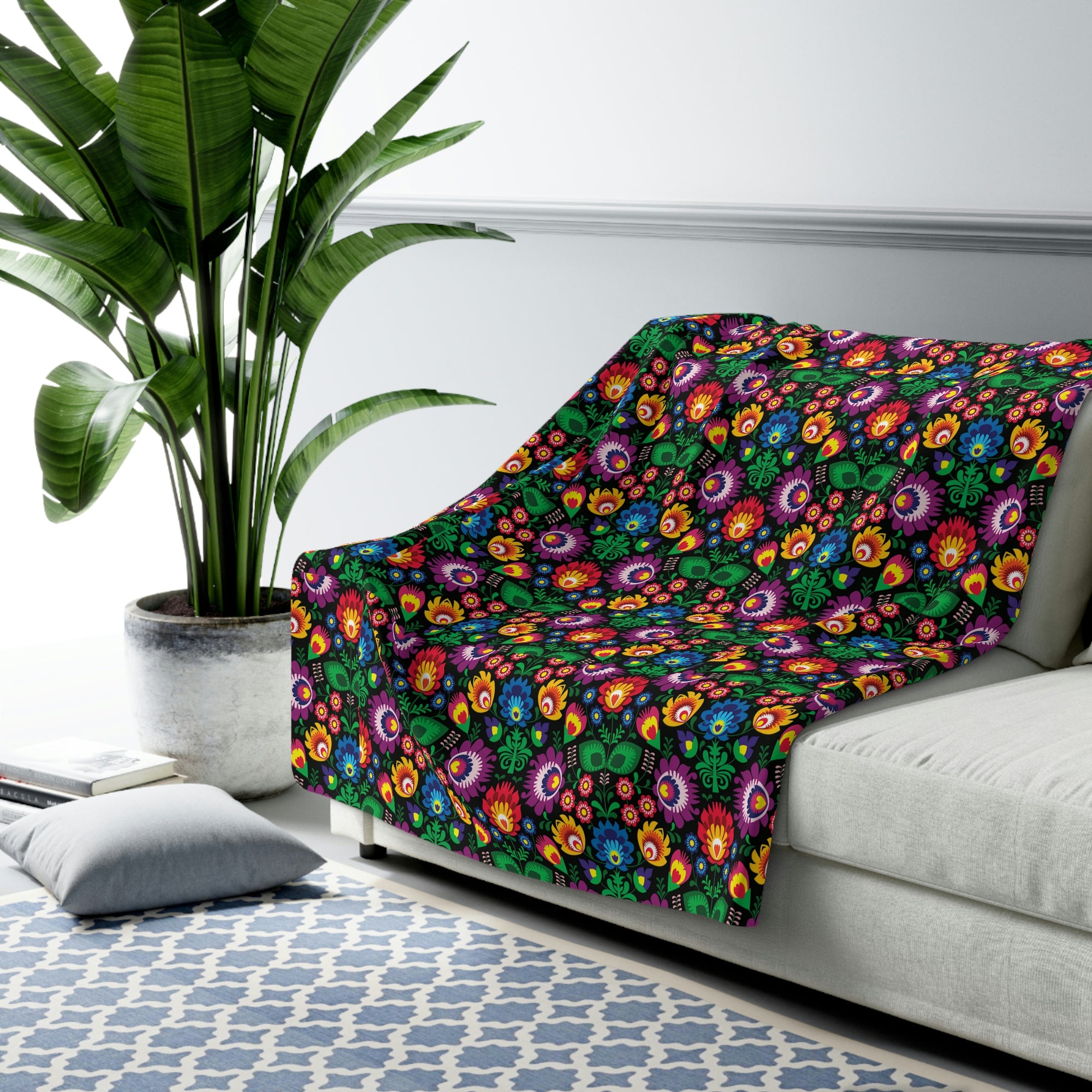 Black Floral Wycinanki Pattern Sherpa Fleece Blanket Home Decor Printify 60" × 80"  