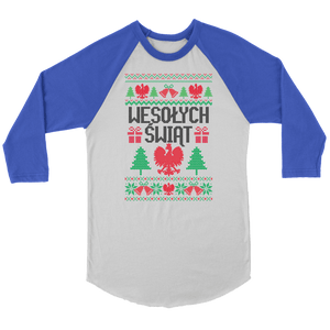 Wesolych Swiat Merry Christmas in Polish Raglan - Canvas Unisex 3/4 Raglan / White/Royal / S - Polish Shirt Store