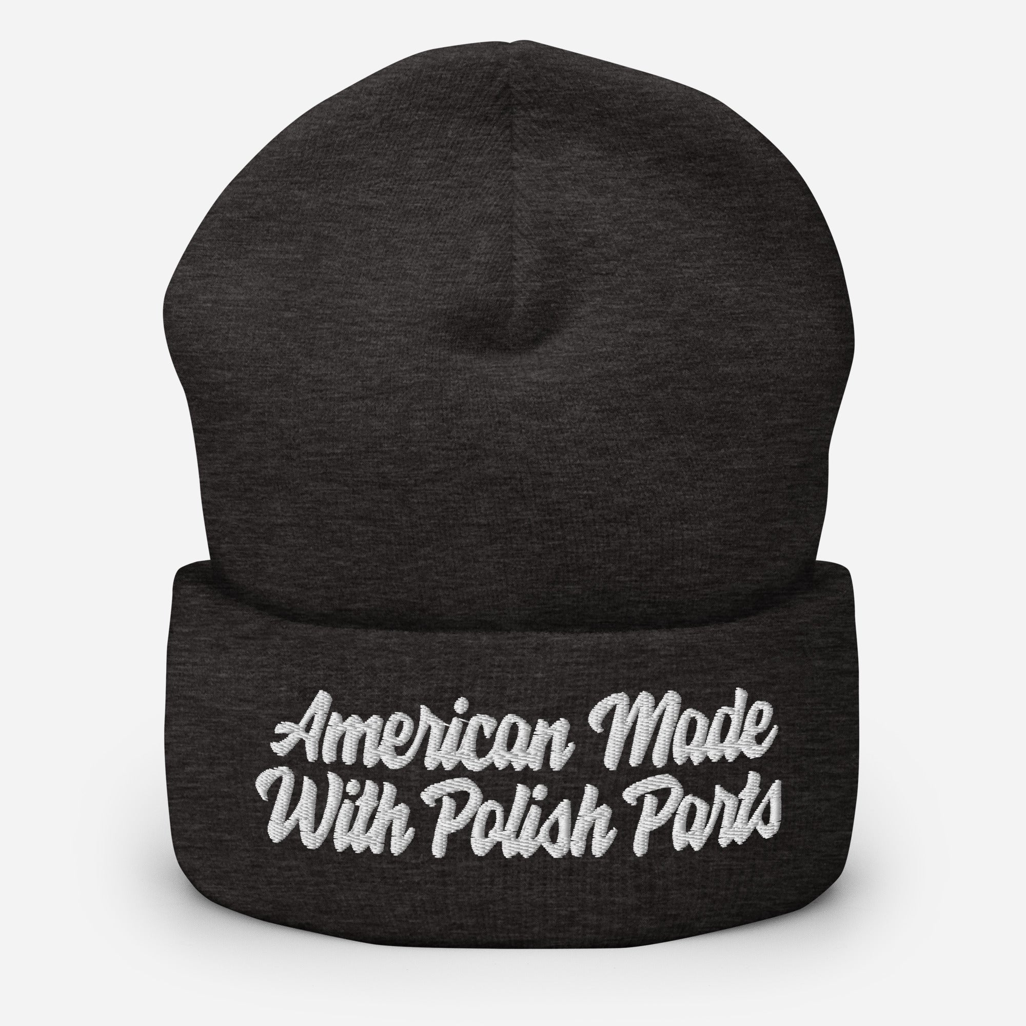 American Made With Polish Parts Cuffed Beanie  Polish Shirt Store Dark Grey  
