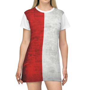 Red & White All Over Print T-Shirt Dress - M - Polish Shirt Store