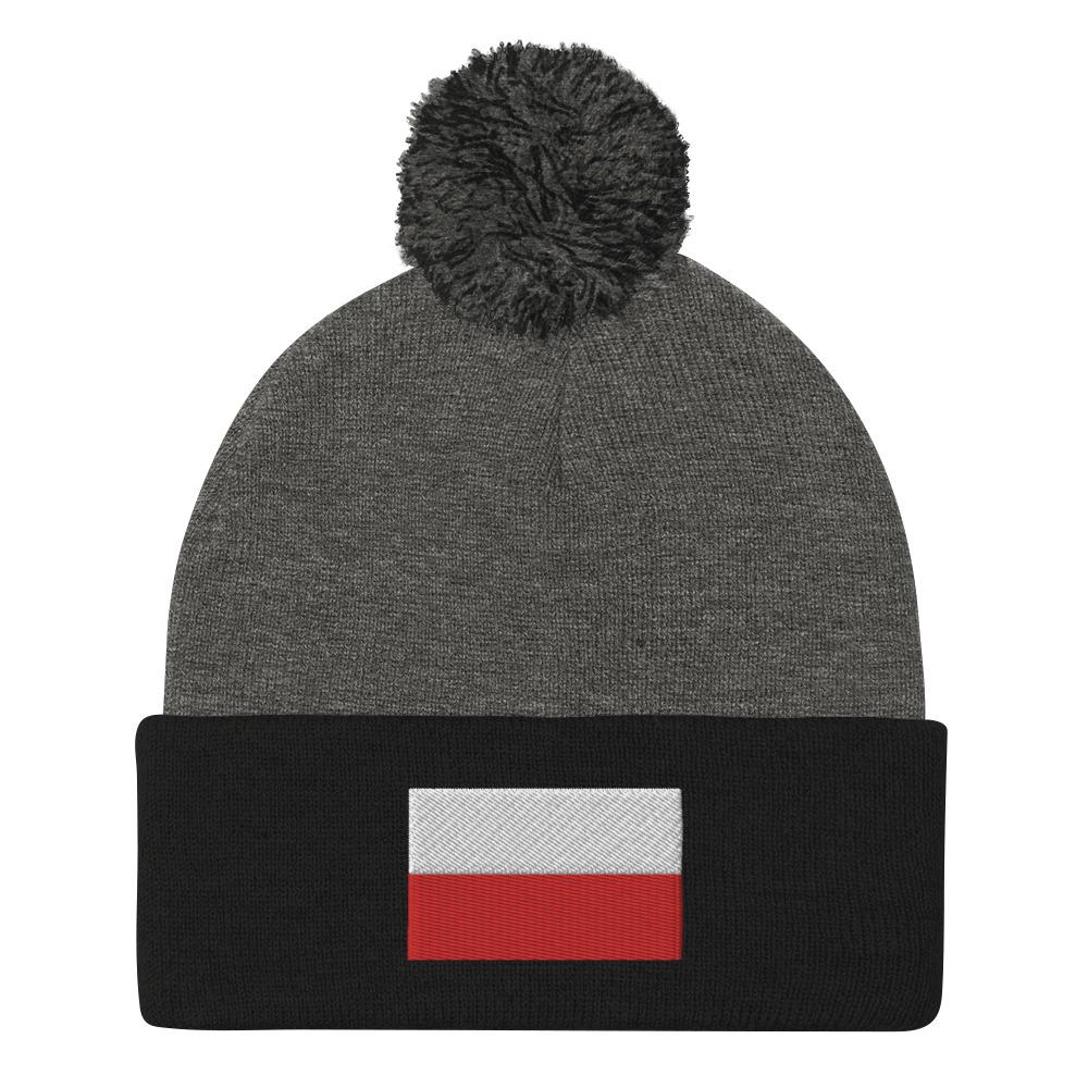 Polish Flag Pom-Pom Beanie  Polish Shirt Store Dark Heather Grey/ Black  