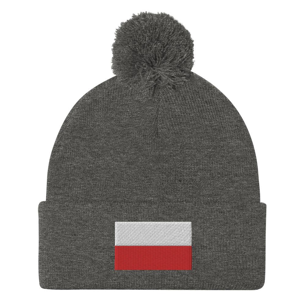 Polish Flag Pom-Pom Beanie  Polish Shirt Store Dark Heather Grey  
