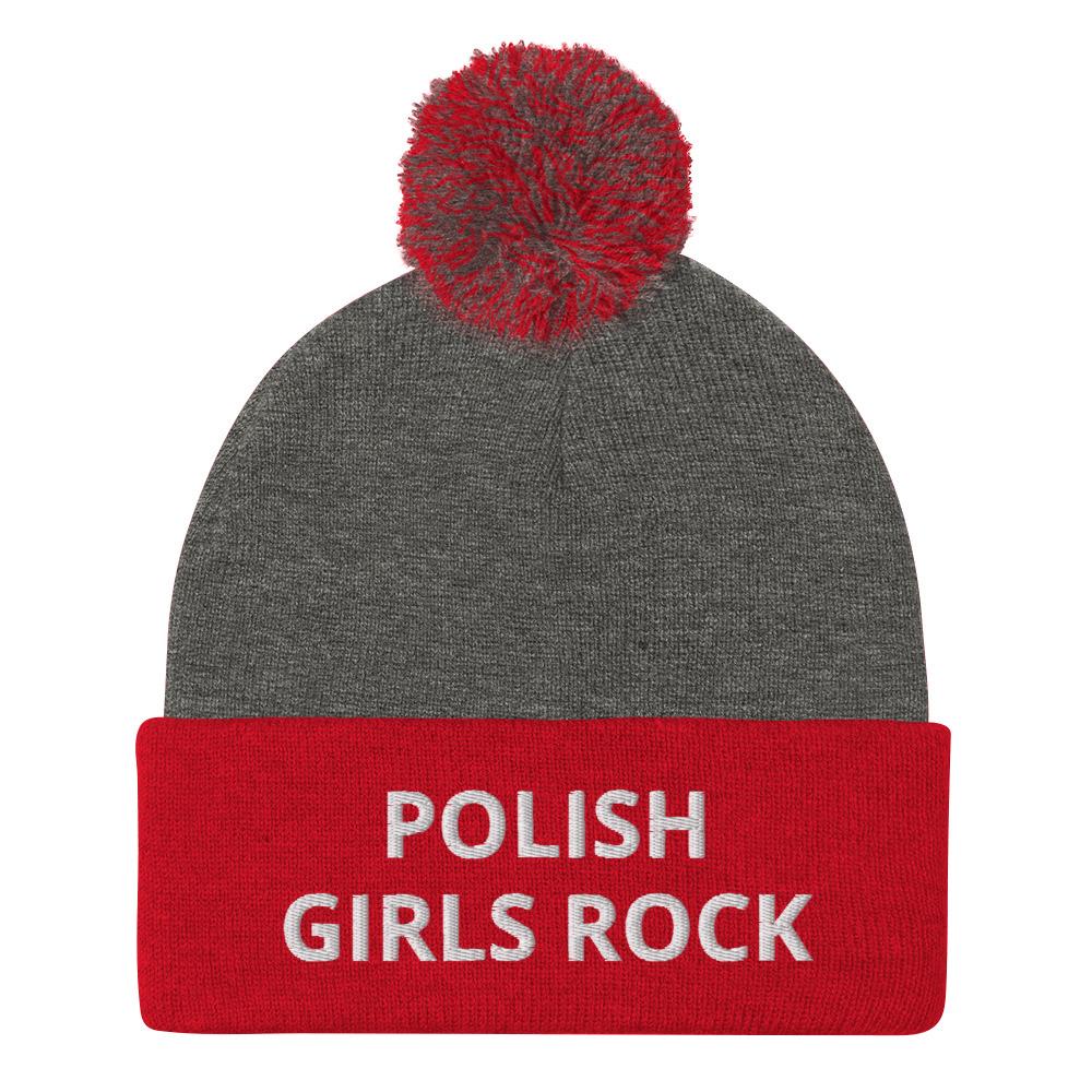 Polish Girls Rock Pom-Pom Beanie  Polish Shirt Store Dark Heather Grey/ Red  