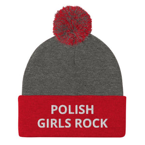 Polish Girls Rock Pom-Pom Beanie - Dark Heather Grey/ Red - Polish Shirt Store